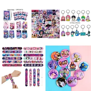 Children Birthday Party Souvenir Gift Set, Keychain Bag Bracelet Sticker Five-Piece Set, Includes 12 Keychains, 12 Badges, 12 Bracelets, 50 Fridge Magnets, 12 Gift Bags