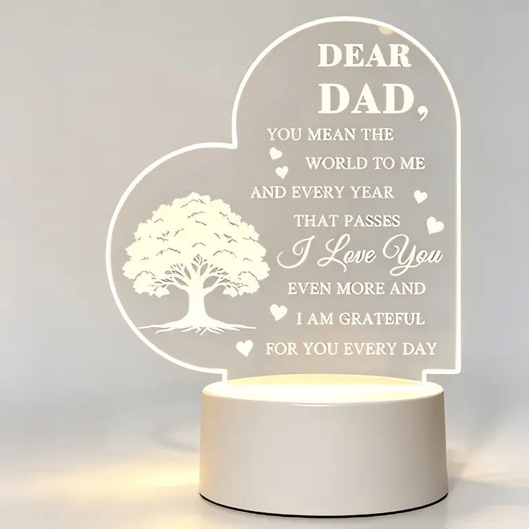 Acrylic Heart LED Night Light with Engraved Tree - Light Up Your Space Warm Table Lamp, Sentimental Gift for Dad from Daughter/Son for Father’s Day, Bedroom Desk Decor Keepsake (Home & Festive Decor Supplies)