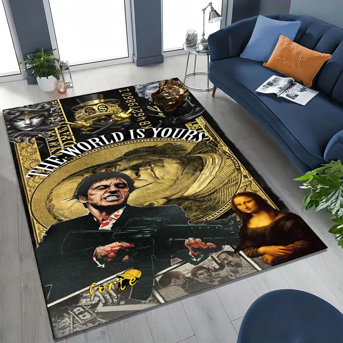 Classic Scarface Tony Montana Motif Home Decor Rug - Bold Print Polyester Velvet Cozy Look Machine Washable Rug, Non-Slip Indoor Floor Mat, Multi-Size (100x120cm, 230x160cm) for Men’s Living Room Decor