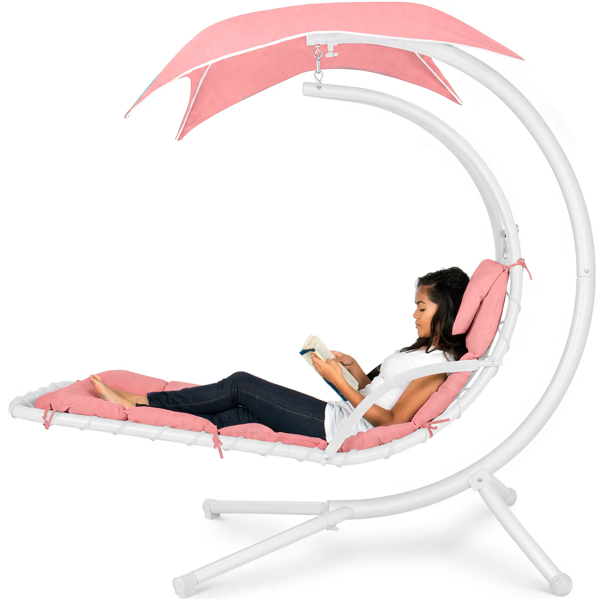 Best Choice Products Hanging Curved Chaise Lounge Chair Swing w/ Pillow, Shade, Stand