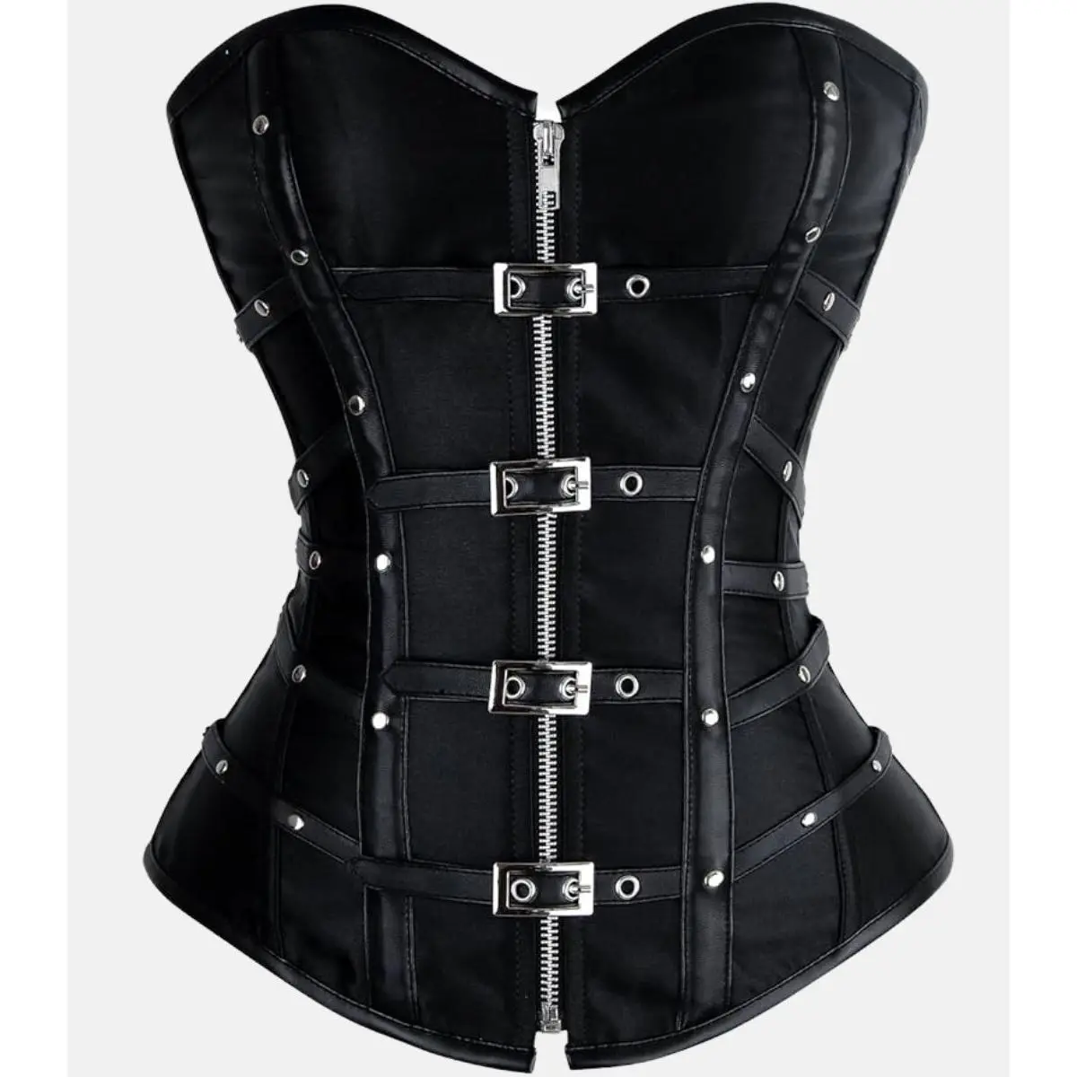 Women Black Leather Overbust Corset with Buckle Style