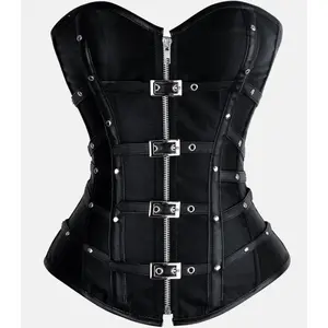 Women Black Leather Overbust Corset with Buckle Style