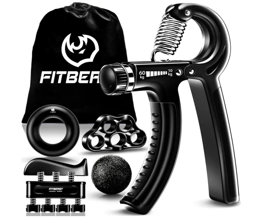 FitBeast 5-Pack Hand Strengthener Workout Kit - 2 Adjustable Resistance Forearm Grippers, Finger Stretcher, Pressure Ring, Stress Relief Ball for Athletes (Fitness & Sports Training)