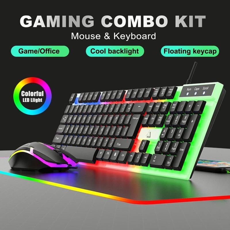 USB Wired Gaming Keyboard Mouse Combo Set RGB LED Backlit For PC / Laptop / Windows / Mac - Black & White