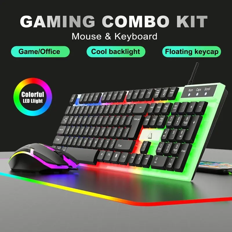 USB Wired Gaming Keyboard Mouse Combo Set RGB LED Backlit For PC / Laptop / Windows / Mac - Black & White