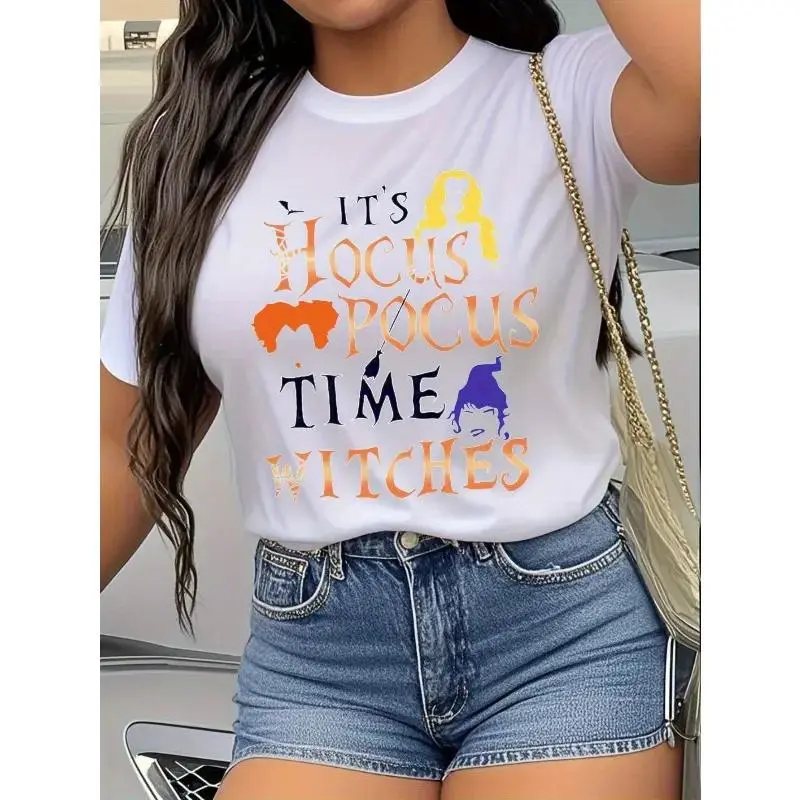 Women'S Halloween T-Shirt - "It'S Hocus Pocus Time Witches" Graphic Tee With Broomsticks - Soft Breathable Shirt For Costume Parties, Casual Attire - Fun Witch Movie Design Casual Top, Halloween Clothes, S Golf Gift T-Shirt For Men And Women