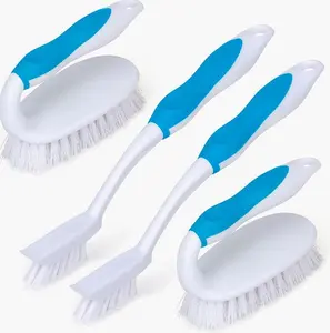Scrub Brush Set, 4 Pack Deep Cleaning Brush Kit - 2 Scrub Brush, 2 Tile & Grout Brush with Built-in Scraper, Household Commercial Scrubber for Floor, Shower, Pool Wall, Tub (Blue)