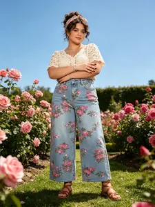 Vintage Floral Wide Leg Jeans Light Blue Washed Denim Pants High Waist Cropped Trousers Elastic Back Waist 5 Pockets Spring Summer Fall Casual Daily Wear Streetwear Vacation Outfit Y2K Boho Style Women's Jean