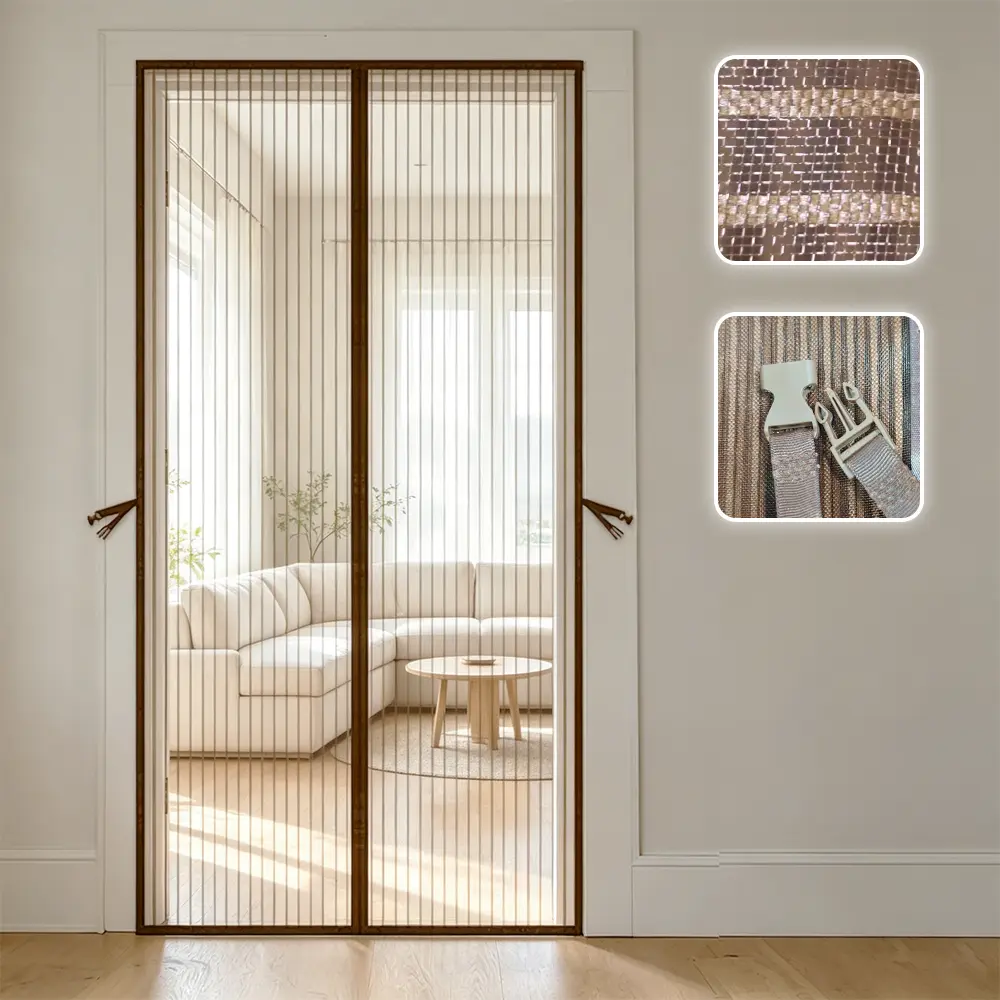 AIYYIPA Magnetic Screen Door Curtain, Brown Stripe Heavy‑Duty Fiberglass Mesh Screen Curtain, Auto‑Close Magnetic Seal, Pet Friendly Hands‑Free Entry, Anti‑Mosquito Mesh Door Screen for Home Patio Doors