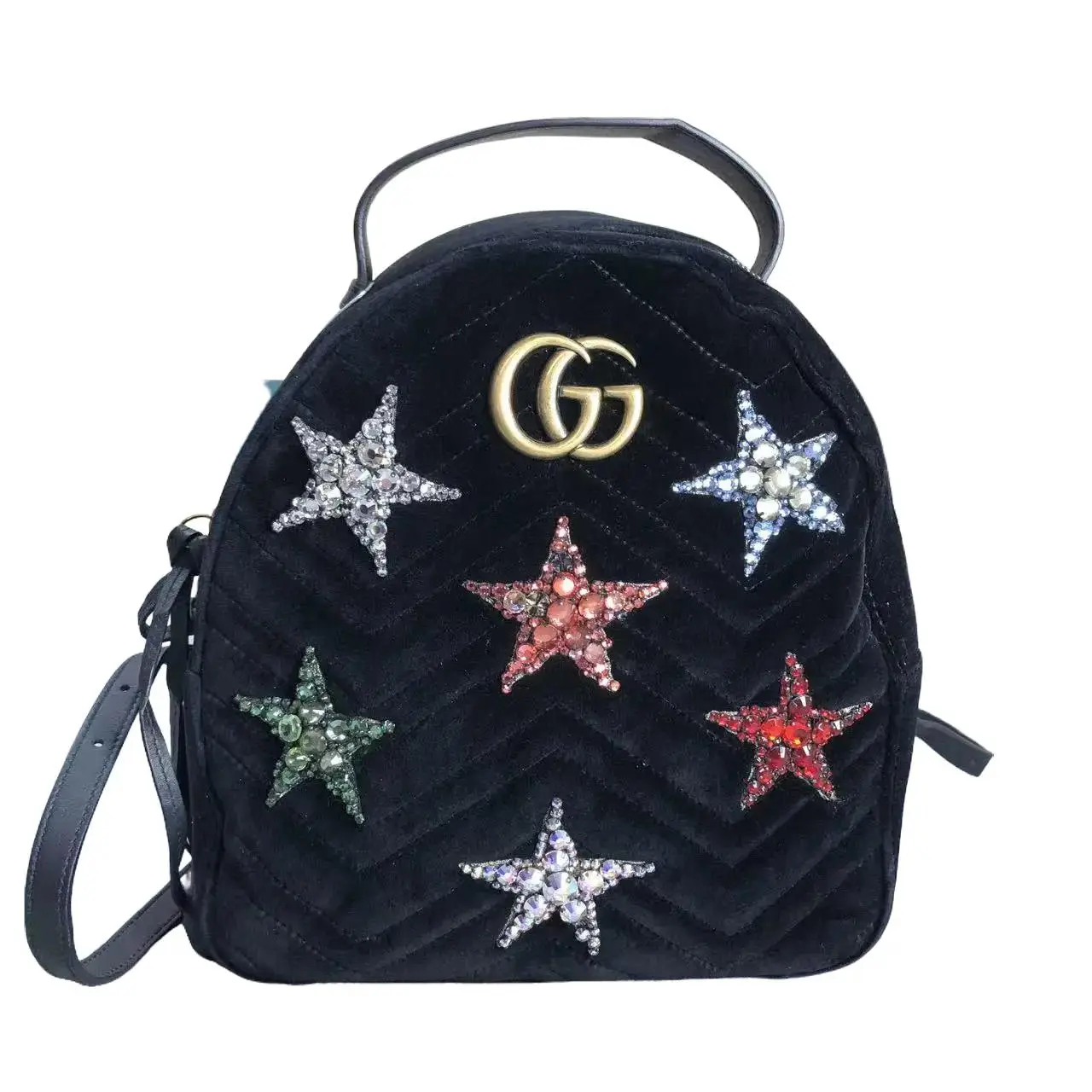 Pre-owned GUCCI leather Backpacks gg marmont black velvet strar embelished backpack 00830 yao