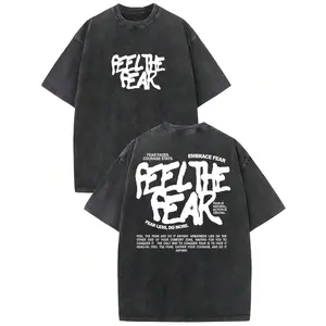 Feel The Fear T-Shirt Vintage Washed Street Monogrammed Cotton T-Shirt Men's T-Shirt Old Streetwear Drop Shoulder Sleeve Round Neck Top Short Sleeve Mens Clothes Summer Tops