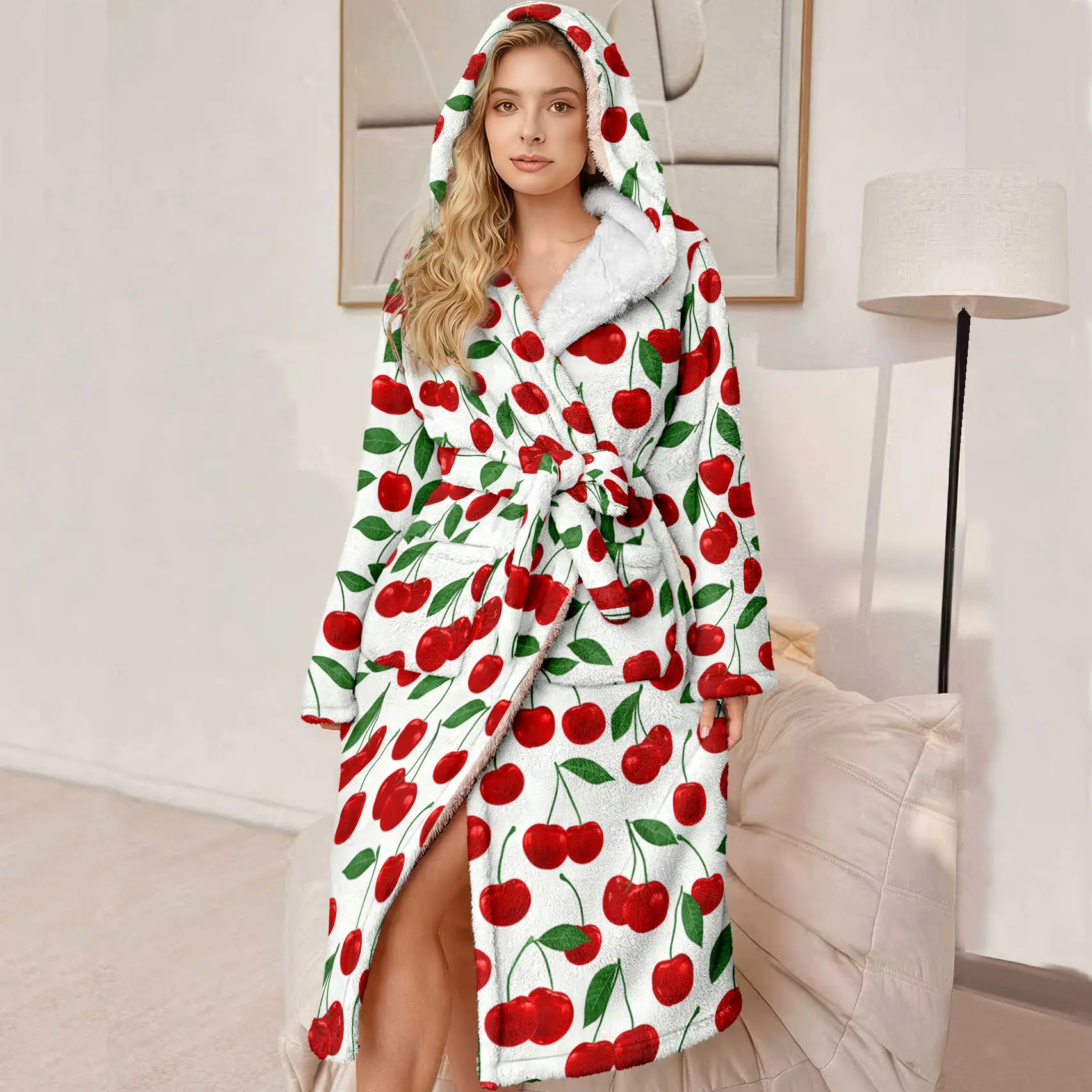 Plus Size Bathrobe, Luxury Hooded Robe, Loose Casual Robe, Ultra Comfortable Cherry Pattern, Fleece with Belt and Pockets, Winter Gift