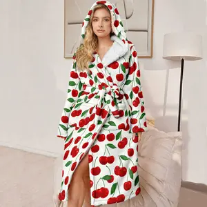 Plus Size Bathrobe, Luxury Hooded Robe, Loose Casual Robe, Ultra Comfortable Cherry Pattern, Fleece with Belt and Pockets, Winter Gift