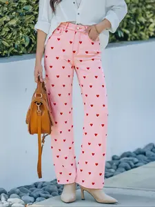 Women's Fitted Denim Jeans Heart Pattern Elastic Wide Leg Pants, Casual All-Season Wear, Comfortable Stretch Fabric