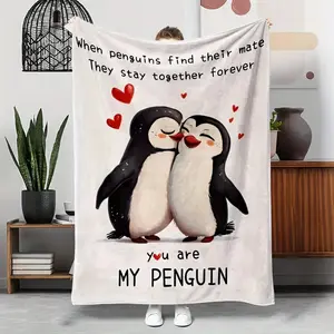 1pc Penguin Pattern Flannel Blanket, Lightweight Soft Gift Blanket, Lunch Break Blanket, Throw Blanket, Sofa Blanket Camping Travel Multi-purpose Blanket