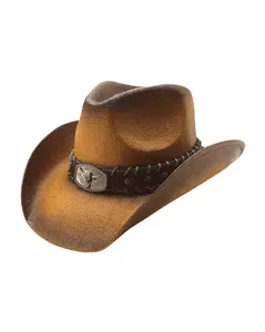 Western Cowboy Straw Hat with Longhorn: Faux Leather Band