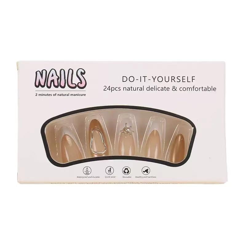 Jelly Gel  Stickers, French Style White-tipped French manicure, almond shape Nude-colored press-on  3D gold moon and star design Glitter French tips Shiny, reusable adhesive  set 24 pieces per pack nail Nail Tips Rhinestone