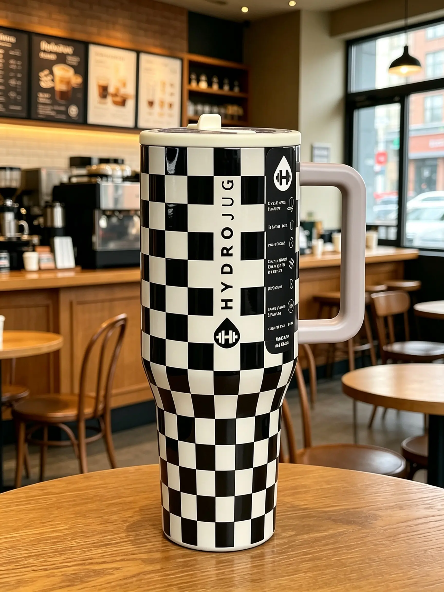 HydroJug 40oz Vacuum-Insulated Traveler Tumbler - Black and White Checkerboard Pattern, 24-Hour Cold Retention Portable Kitchenware Drinkware for Camping, Gym, Ideal Birthday Gift