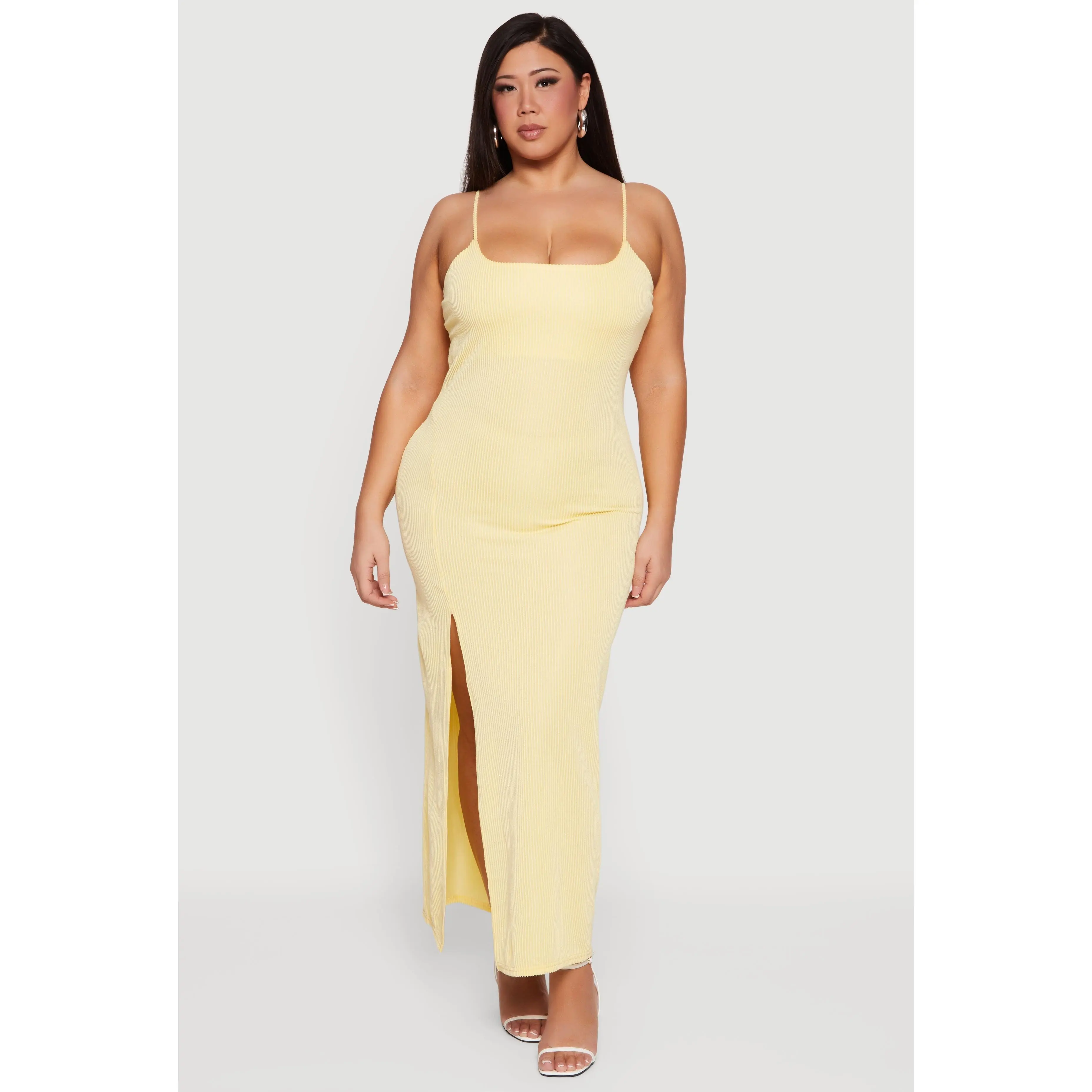 Plus Size Shelf Bra Ribbed Knit Side Slit Dress