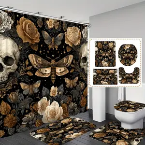 Halloween Spooky Floral Skull Moth Print Shower Curtain Set, Includes 12 Hooks, Non-Slip Mat, U-Shaped Floor Mat, Toilet Seat Cover, Bathroom Accessories, Bathroom Decoration Accessories