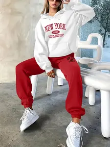 New York City  Letter Print Thin Spring Fall Fashion Casual Style   2 Pieces Women's Long Sleeve Hoodie + Pants Tracksuit Set, Comfortable Sportswear Workout Set