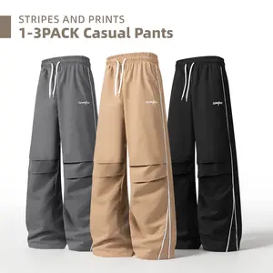 Men’s 1–3-pack American wide-leg casual pants, breathable and comfortable, drawstring elastic waistband cargo pants, ruched design, side contrast stripes, versatile straight-leg long pants for everyday campus wear outdoorfun