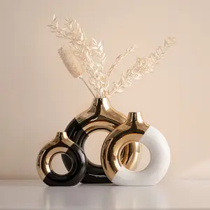 Fashionable modern black, gold, and white ceramic vases with geometric patterns for home decoration | Suitable for dried flowers, fresh flowers, and green plants | Perfect for offices, living rooms, or desks