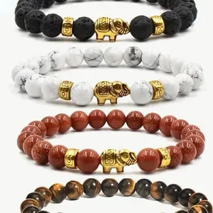 Natural Crystal Bracelets - Handmade Tension Band Design with Tiger Eye Oregon Sunstone Howlite or Volcanic Stone Beads Diameter 7.5 Inches for Adults