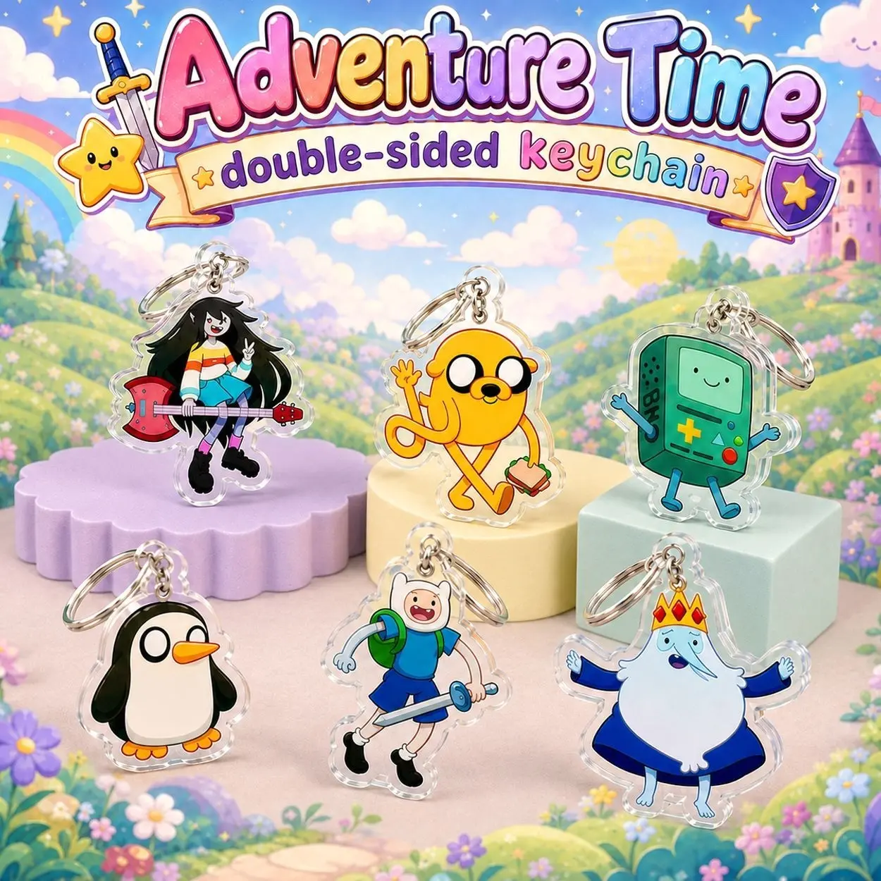Adventuring Time Glitter Acrylic Keychains - Perfect for Fans