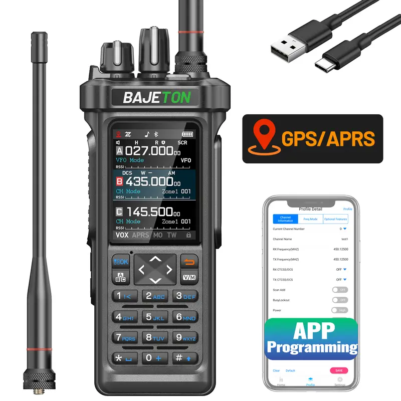 BAJETON BJ-9000 GPS APRS Ham Radio 10W Walkie Talkie Portable HF SSB CB Radio with Cross-Band Repeater 2.4 Inch Color Display, 2800mAh Rechargeable Battery, Black