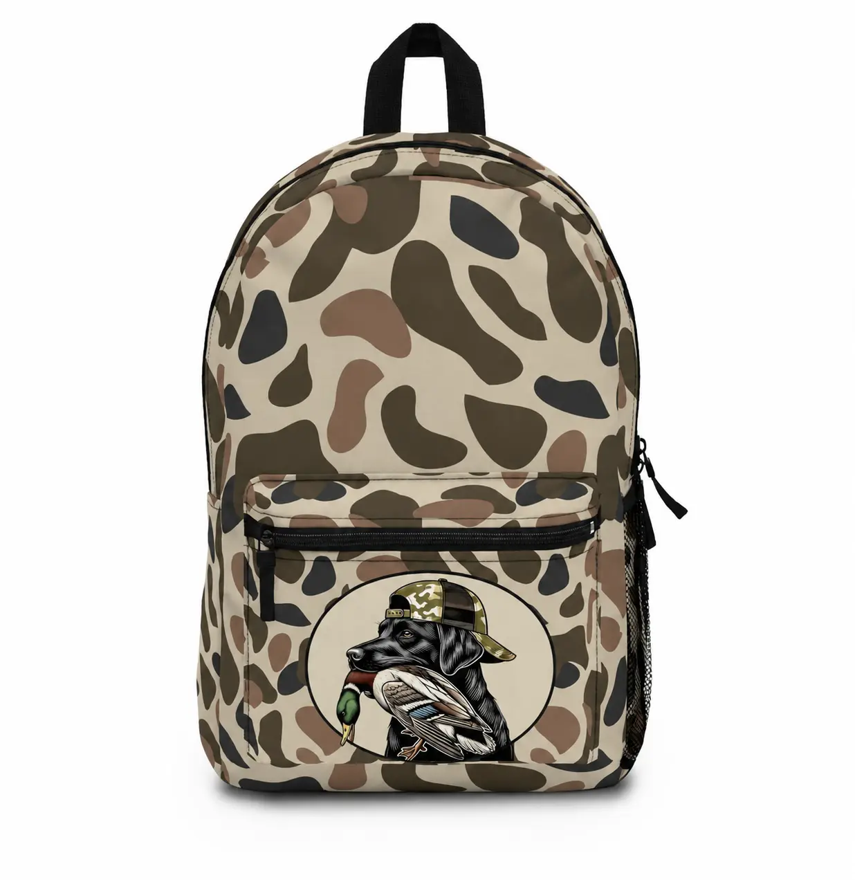 Black Lab Mallard Duck Hunting  Backpack, Retriever Dog Duck Camo School Backpack, Waterfowl Hunter Backpack, Outdoor Travel Daypack, Camo Laptop Backpack, Gift for Duck Hunters