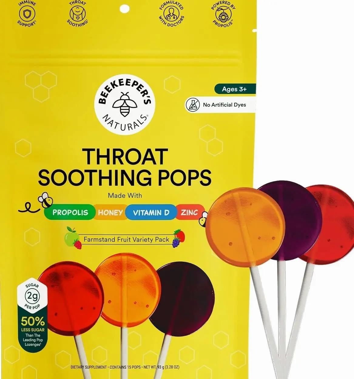 Kids Throat Soothing Lollipops by Beekeeper's Naturals - Doctor Formulated Immune Support, Vitamin D & Honey, Under 2g Sugar, Clean Ingredients,15 ct