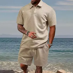 Summer Relaxation Wearing with Diamond Jacquard Polo Shirt Set for Men's Summer Casual Short sleeved Shorts Two piece Set