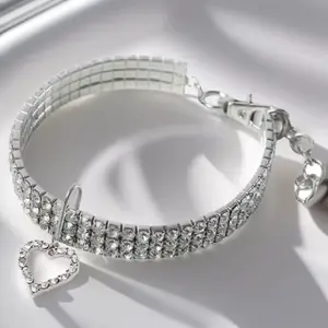 3-Row Stretchy Rhinestone Pet Collar, Bling Crystal Dog Necklace with Bone Charm, Elastic Adjustable Jewelry for Small Dogs & Cats