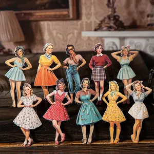 100 sheets Vintage Girl Sticker Pack Irregular Stickers 90s Clothing Theme Retro Style White Kraft Paper Material Self Adhesive DIY Journal Decoration Scrapbook Sticker Material