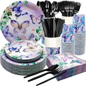 175 count Butterfly Birthday Party Supplies Set 9"Butterfly Dinner Plates 7" Butterfly Dessert Plates Napkins Cup Knive Fork Spoon for Bridal Shower Butterfly Girl Party Birthday Decorations ()