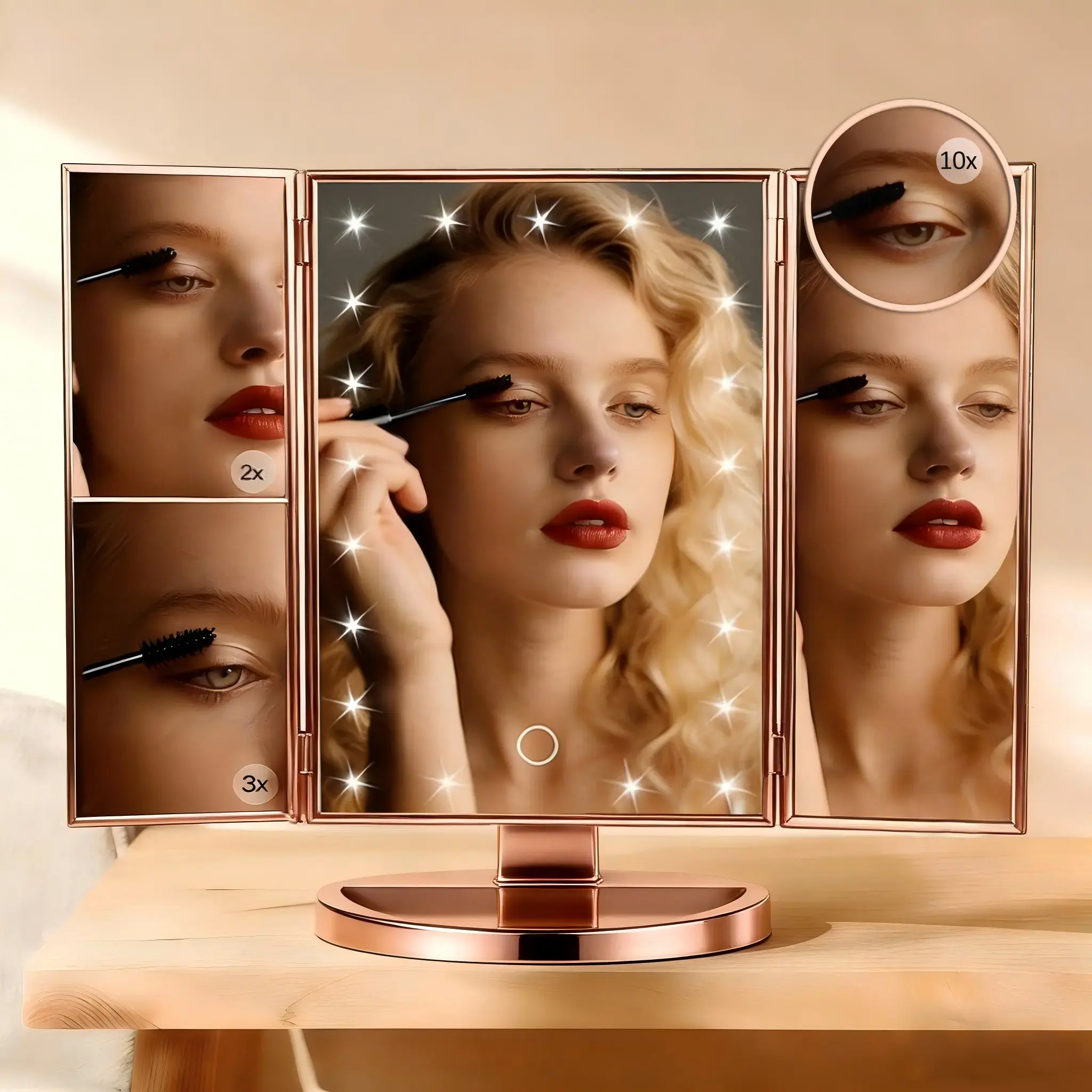 mothersdaygiftideas Tri-fold Lighted Vanity Makeup Mirror with 3x/2x Magnification,21 LEDs Light and Touch Screen,180 Degree Free Rotation Countertop Cosmetic Mirror,Travel