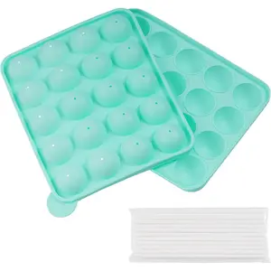Green silicone cake mold, 20-cavity half circle lollipop party cupcake baking mold, cake pop stick mold tray with 20 sticks