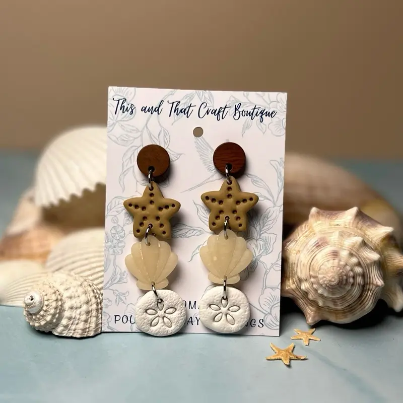 Starfish, Seashell & Sand Dollar Polymer Clay Dangle Earrings