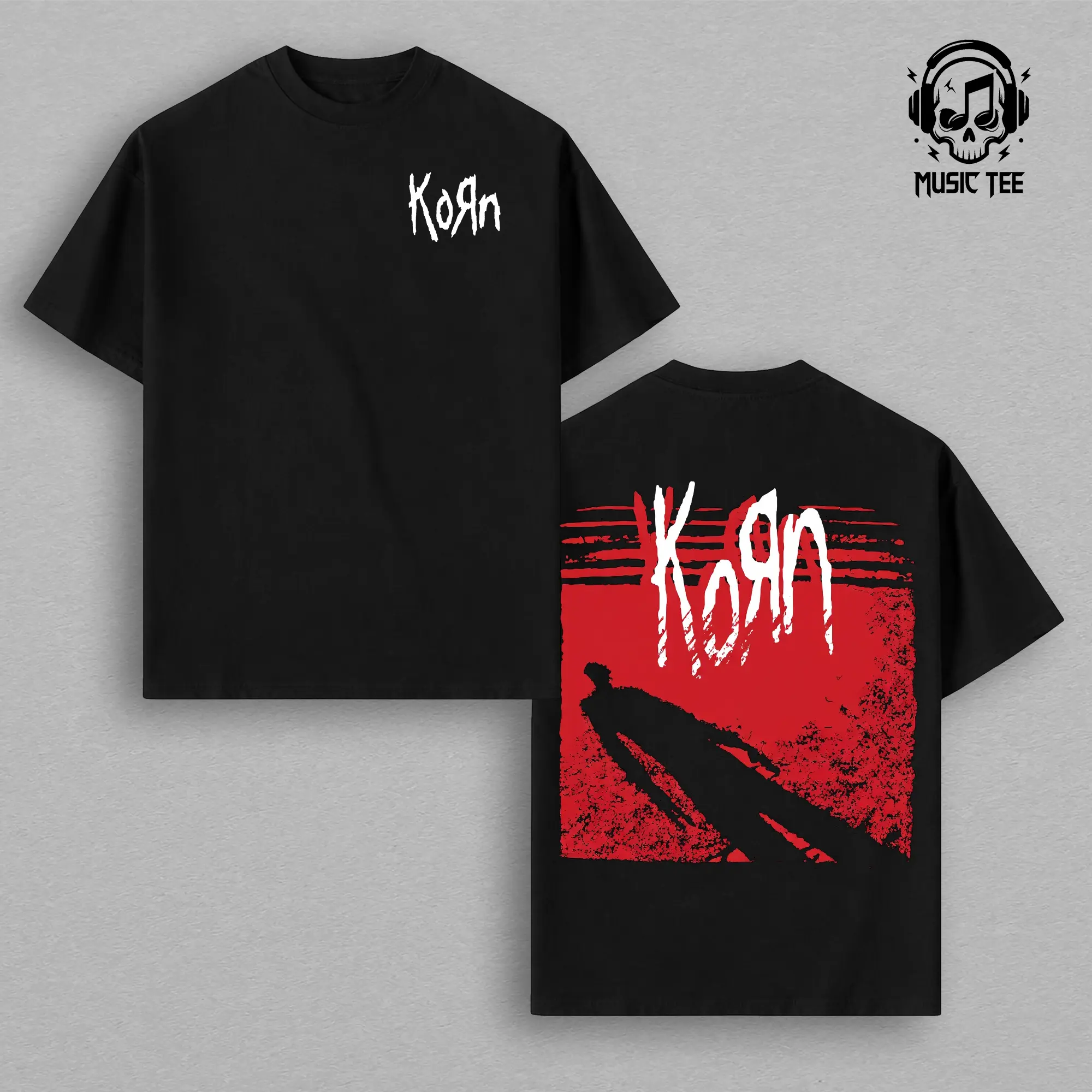 KoRn T-Shirt Nu Metal Band Graphic Tee Red Back Print Silhouette Design Minimal White Logo Front Black Standard Unisex Tee Concert Merch Gift for Metal Fans Sick New World 2026 Tour Streetwear