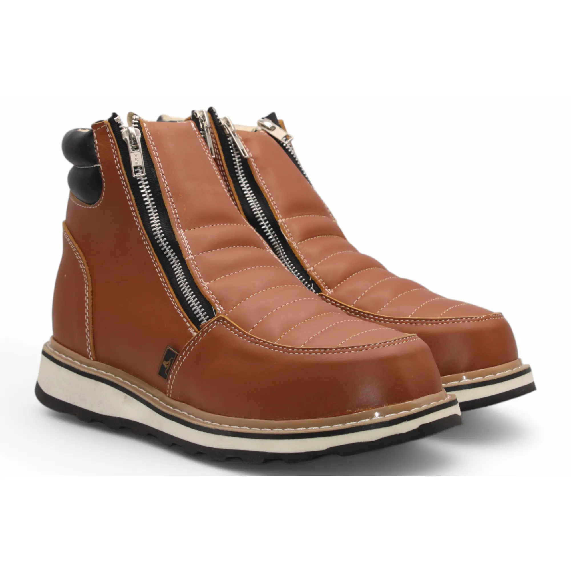Men’s Double Zipper Leather Work Shoe – Round Toe | Soft Toe | Rubber Sole | Honey