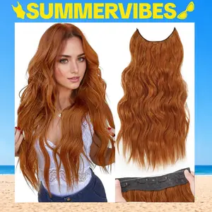 SummerVibes AISI HAIR Hair Extensions Invisible Wire Wavy Hair Adjustable Size 4 Secure Clips Long Synthetic Hairpieces with Transparent Wire Blonde Brown Wave Glueless Pre Style