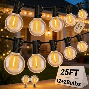 G40 0.6W LED Warm White String Lights 25FT Black Wire UL Listed 20# E12 Base Connectable Outdoor Waterproof Holiday Lights Garden Lamps Flood patio decor、backyard oasis、easy to install
