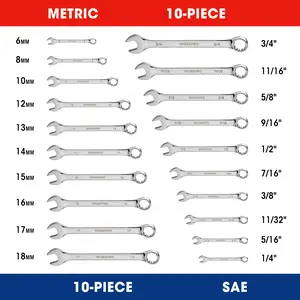WORKPRO 20-pack Combination Wrench Set, Metric 6-18mm & SAE 1/4”- 3/4”, Cr-V Steel, 12-point Wrenches Set with 2-in-1 Rolling Pouch
