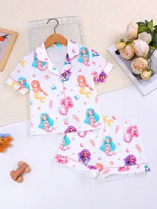 Mermaid Print Fire-Retardant Fabric Sleepwear Set, Loungewear, Cute Casual Party Pajamas, Short Sleeve Open Front Top & Loose Elastic Shorts