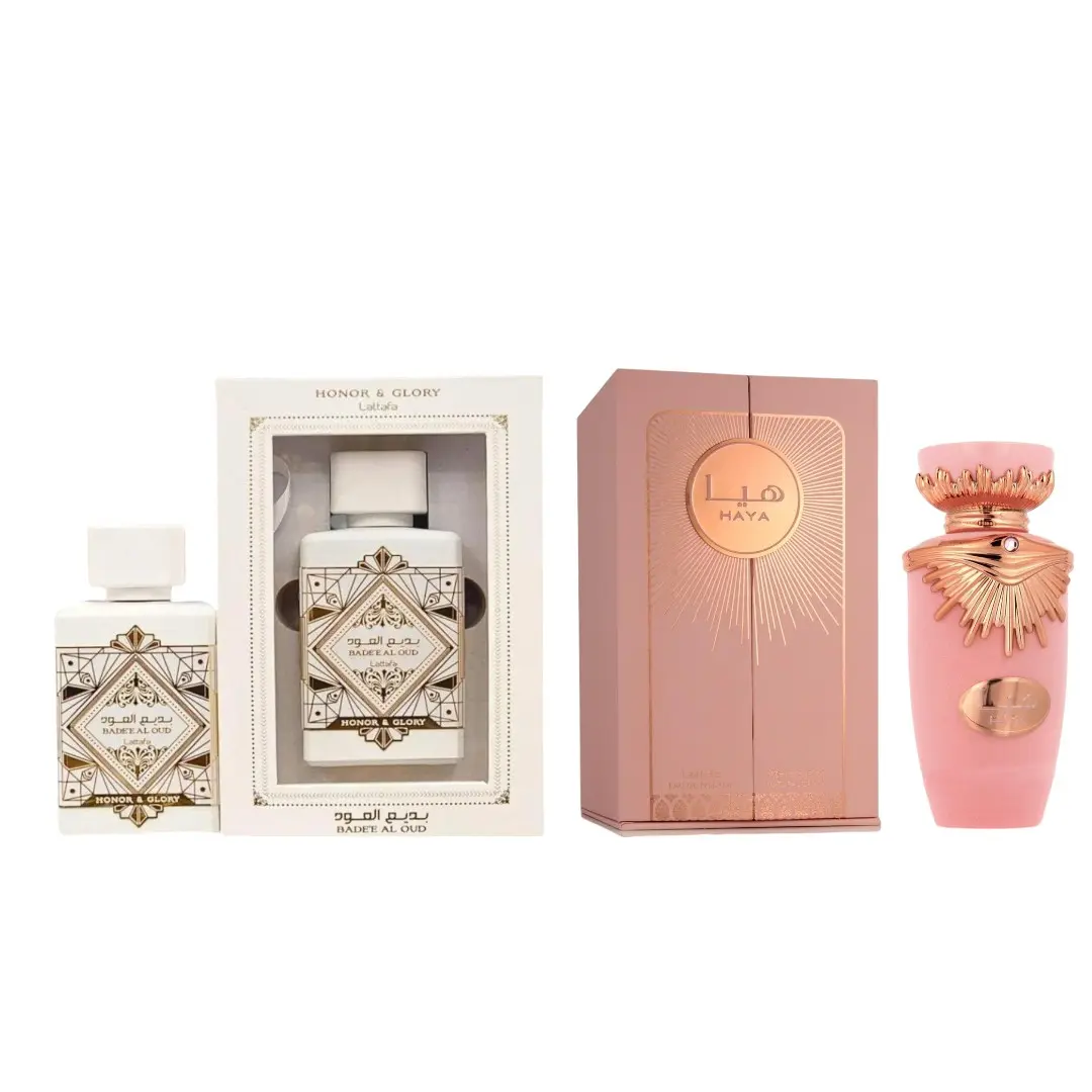 Lattafa Haya + Badee Honor and Glory Multi-Pack Women's EDP Fragrances, 6.8 fl oz Total (3.4 oz Per Bottle), Floral-Citrus & Pineapple-Sweet Notes (Creme Brulee Accent)