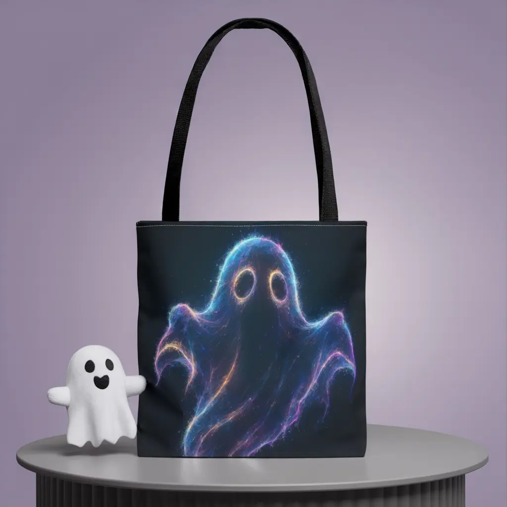 Neon Ghost Tote Bag – Spooky Halloween Canvas Tote With Glowing Cosmic Ghost Design – Reusable Trick Or Treat Bag, Gothic Accessory And Dark Aesthetic Gift Tote For Horror Fans, Halloween Enthusiasts, And Everyday Style