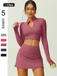 Women's Solid Color Sportswear Set with Half Zippers Tight Fitting Yoga Suit for All Seasons Outdoor Running Golf Tennis Cycling Hiking Walking Gym Sports Training Fashionable and Versatile Long Sleeved Short Skirt Set, Sportswear Clothing, Sweat Suit Set