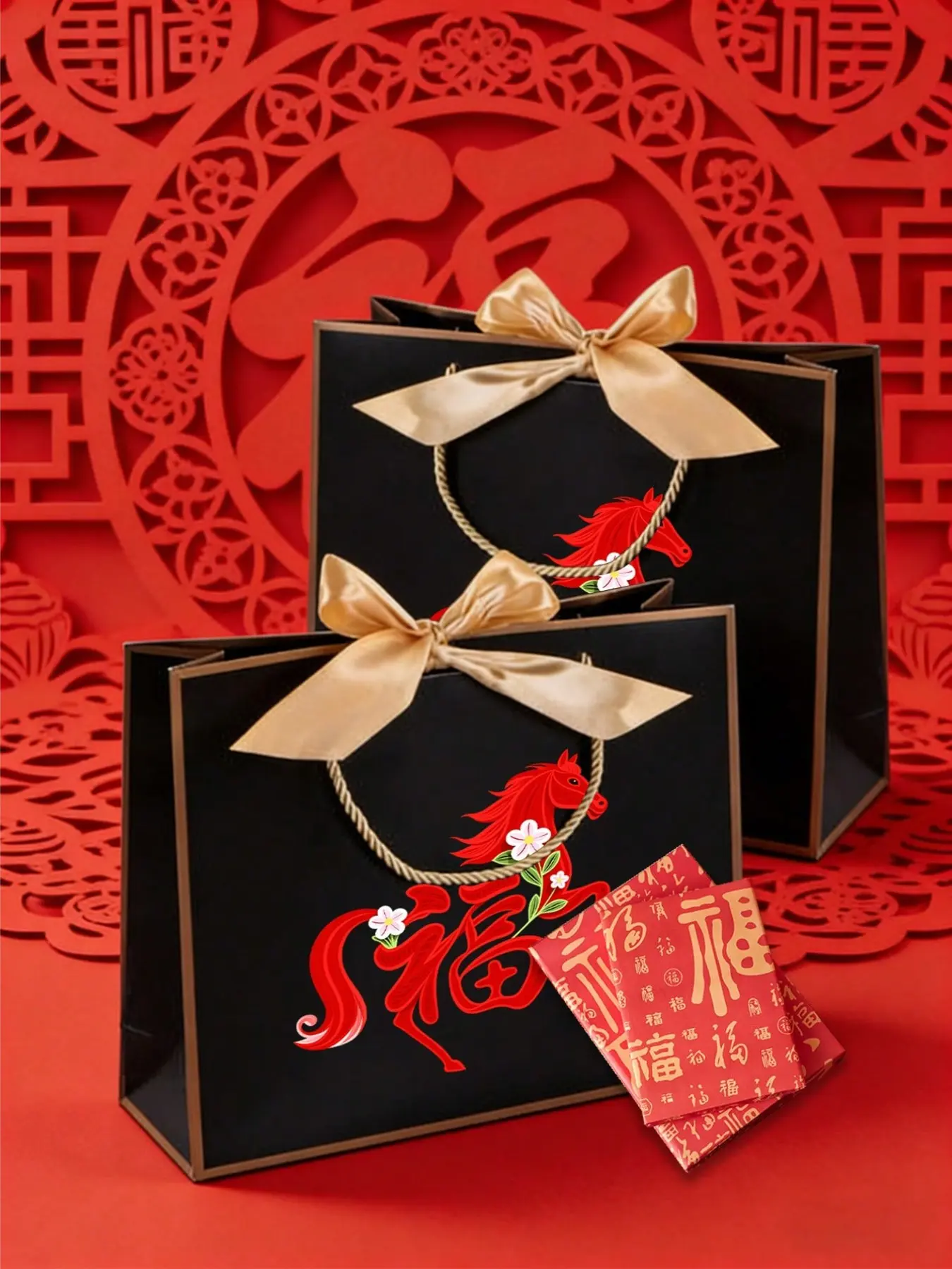 High-end tote gift bags and Fu character wrapping paper, featuring patterns of little ponies with lucky characters, greeting cards, spacious and durable party gift bags, suitable for birthdays, weddings, Valentine's Day, bridal parties, and anniversaries.