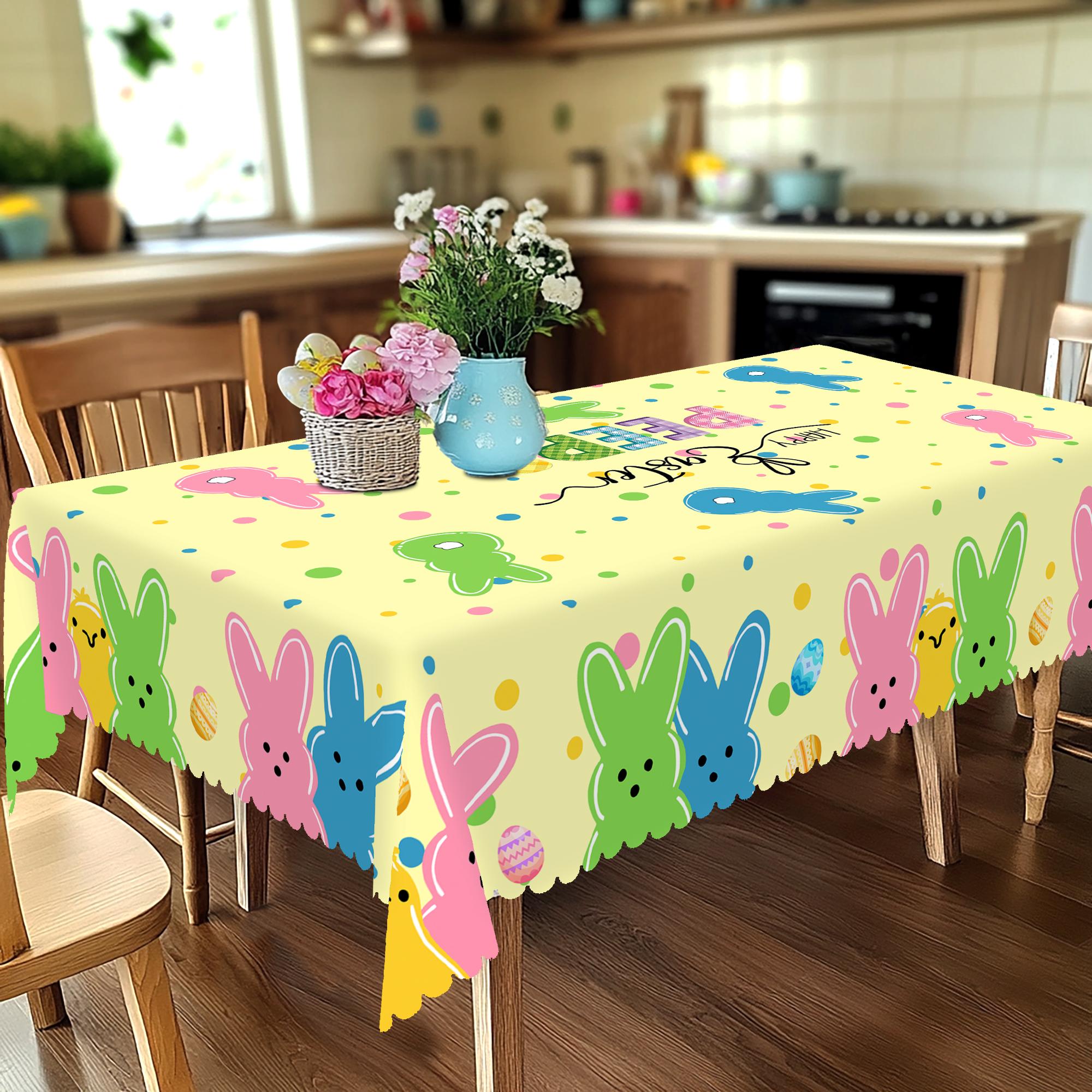 XEXSIN Easter Tablecloth Rectangle/Round with Bunny & Easter Egg Design Colorful Rabbit Kitchen Table Cover for Holiday Dining Spring Outdoor Parties Camping Farmhouse Style Decor